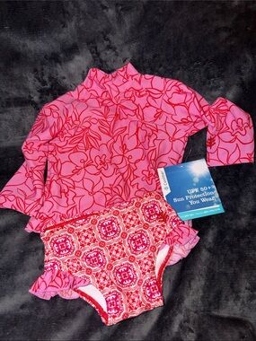 Coolibar Pink and Red Floral Kids UPF Rashguard Swim Set